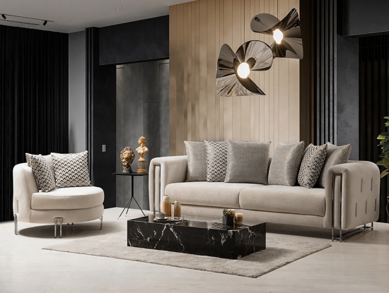 Коллекция мягкой мебели Viena с трехместным диваном и круглым креслом в интерьере гостиной 
