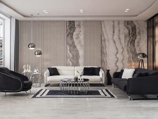 Коллекция мягкой мебели Milan с трехместными диванами и черным креслом в интерьере гостиной 