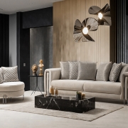 Коллекция мягкой мебели Viena с трехместным диваном и круглым креслом в интерьере гостиной 