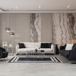 Коллекция мягкой мебели Milan с трехместными диванами и черным креслом в интерьере гостиной 